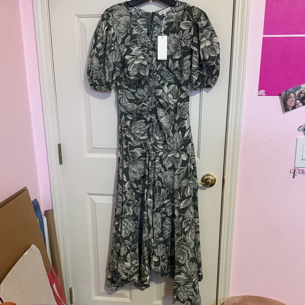 Floral Puff Sleeve Dress - Green and White